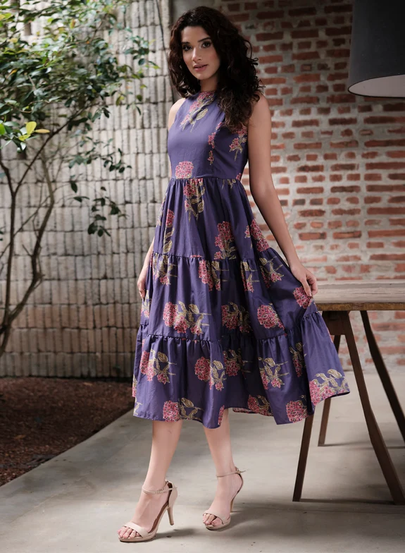 Purple Printed Sleeveless Tiered Dress