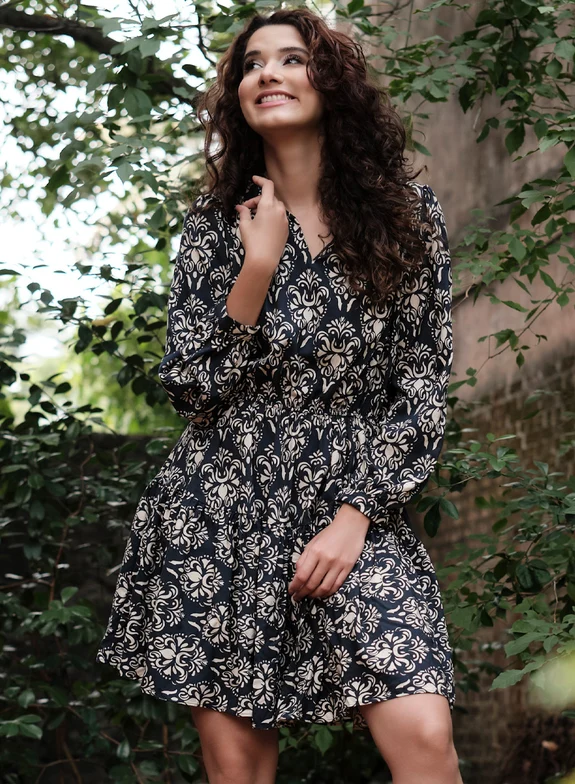 Printed Neck Tie Long Sleeve Dress