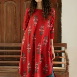 Round Neck Printed Half Sleeve Red Kurtha