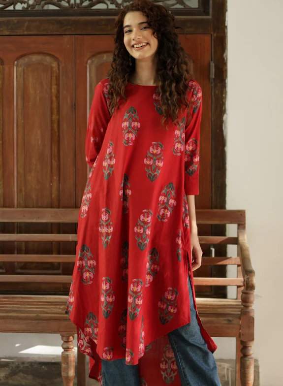 Round Neck Printed Half Sleeve Red Kurtha