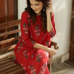 Round Neck Printed Half Sleeve Red Kurtha