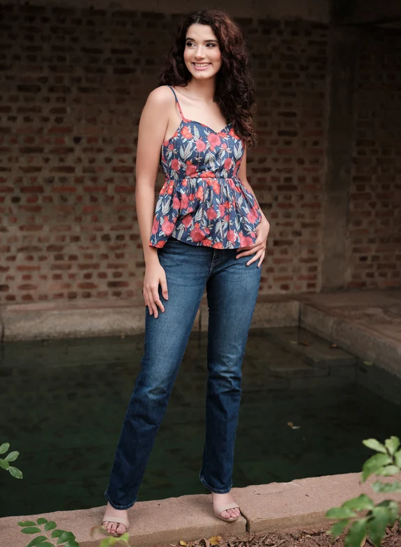 Floral Printed Strappy V Neck Top