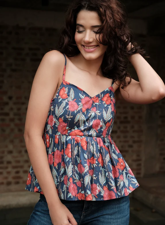 Floral Printed Strappy V Neck Top