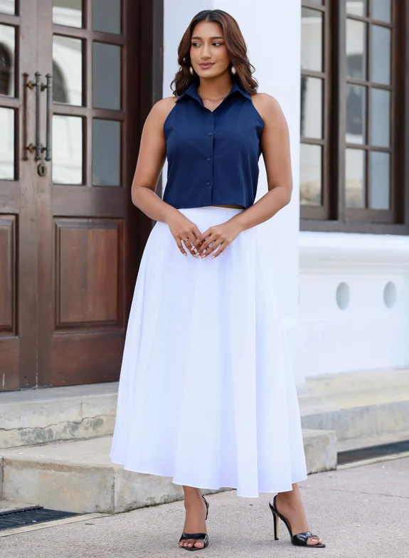 Off White Cotton Midi Skirt