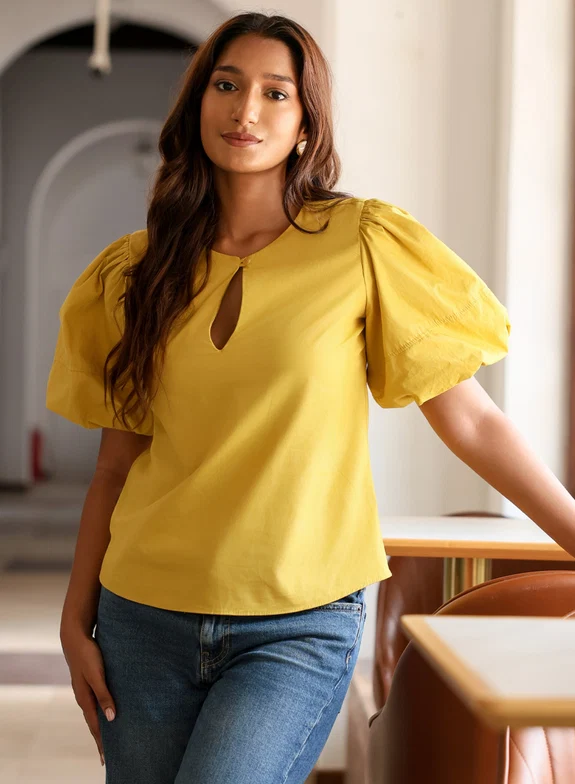Lime Yellow Keyhole Round Neck Top